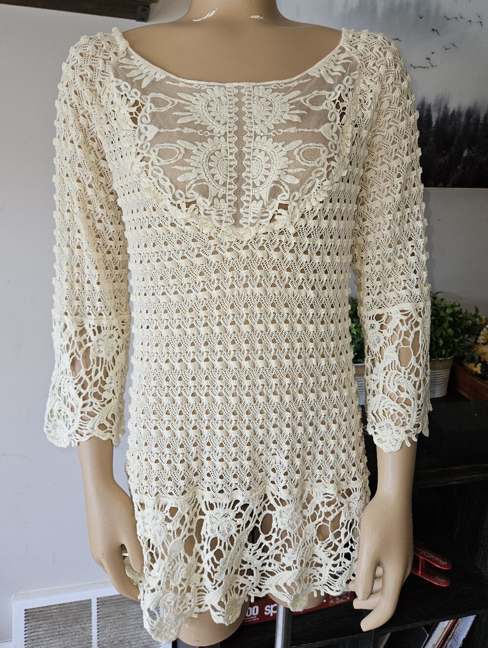 Umgee Cream Crochet Open-Knit Top Boho Bohemian Cottagecore Coastal Chic M